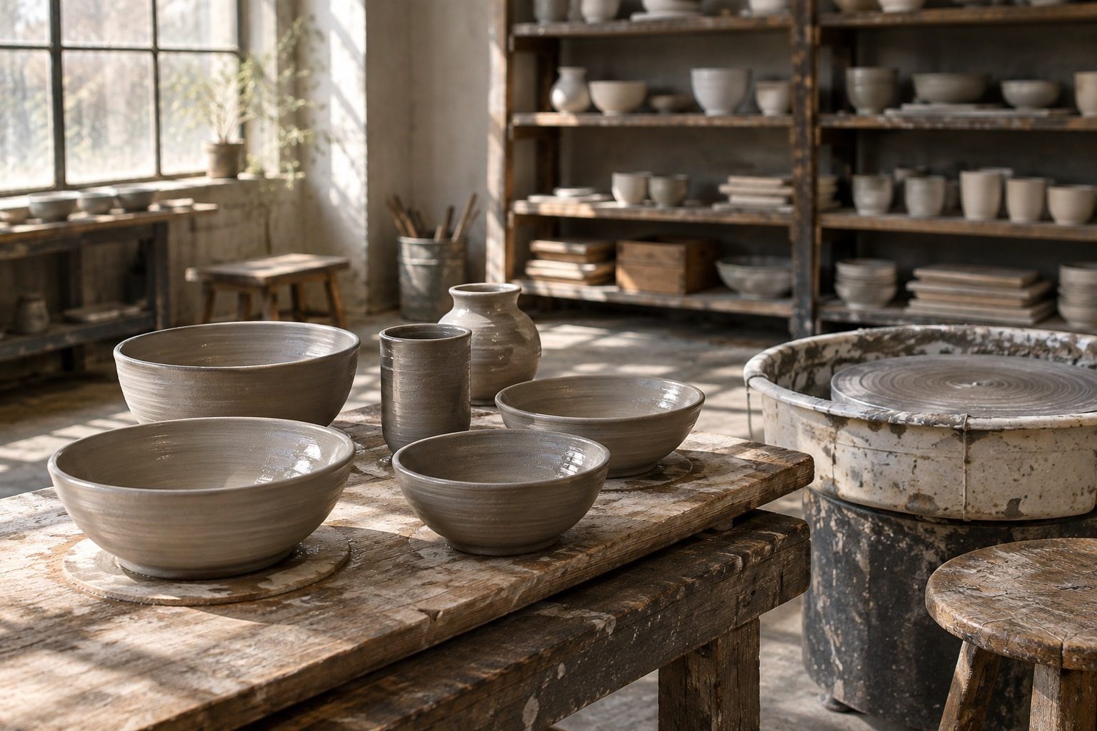Row of freshly shaped clay bowls drying on a wooden board beside a pottery wheel
